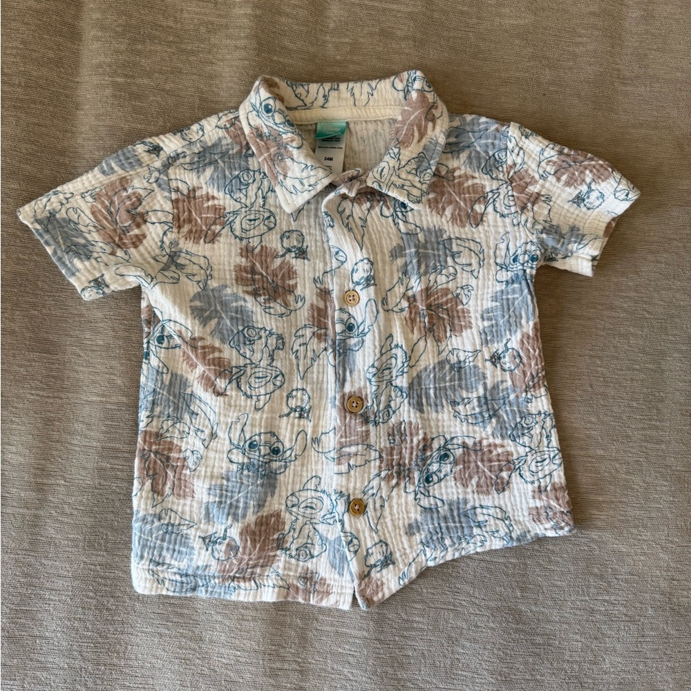Disney Baby Stitch Button-Up Shirt 24M Blue & Tan Tropical Print Gauze Cotton - Picture 2 of 8